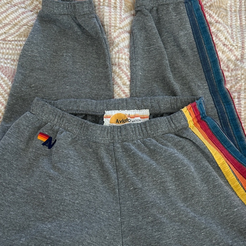 Aviator Nation Gray Joggers with Multicolor Rainbow Side Stripes